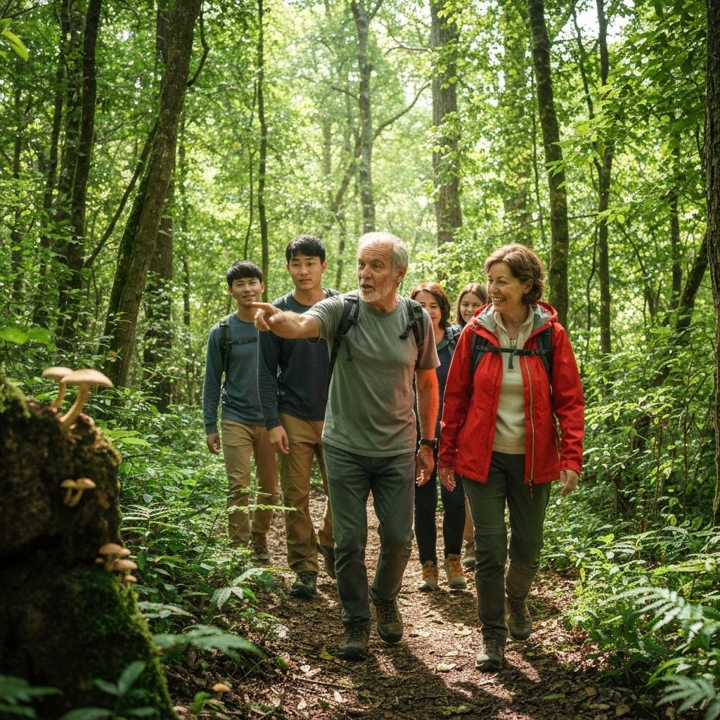 Guides leading a small group through a lush forest trail